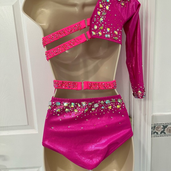 Child Large Pink One-Shoulder Embellished Dance Costume - Picture 2 of 3